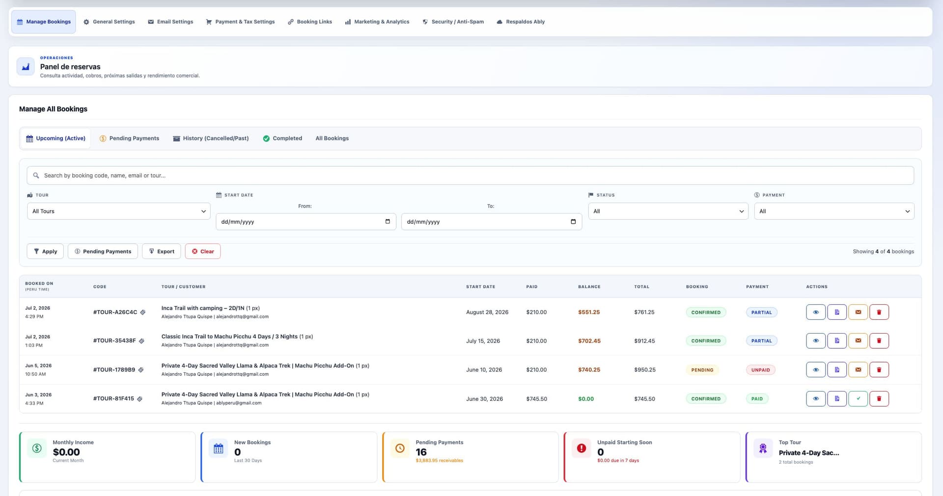 Panel principal de Booking System